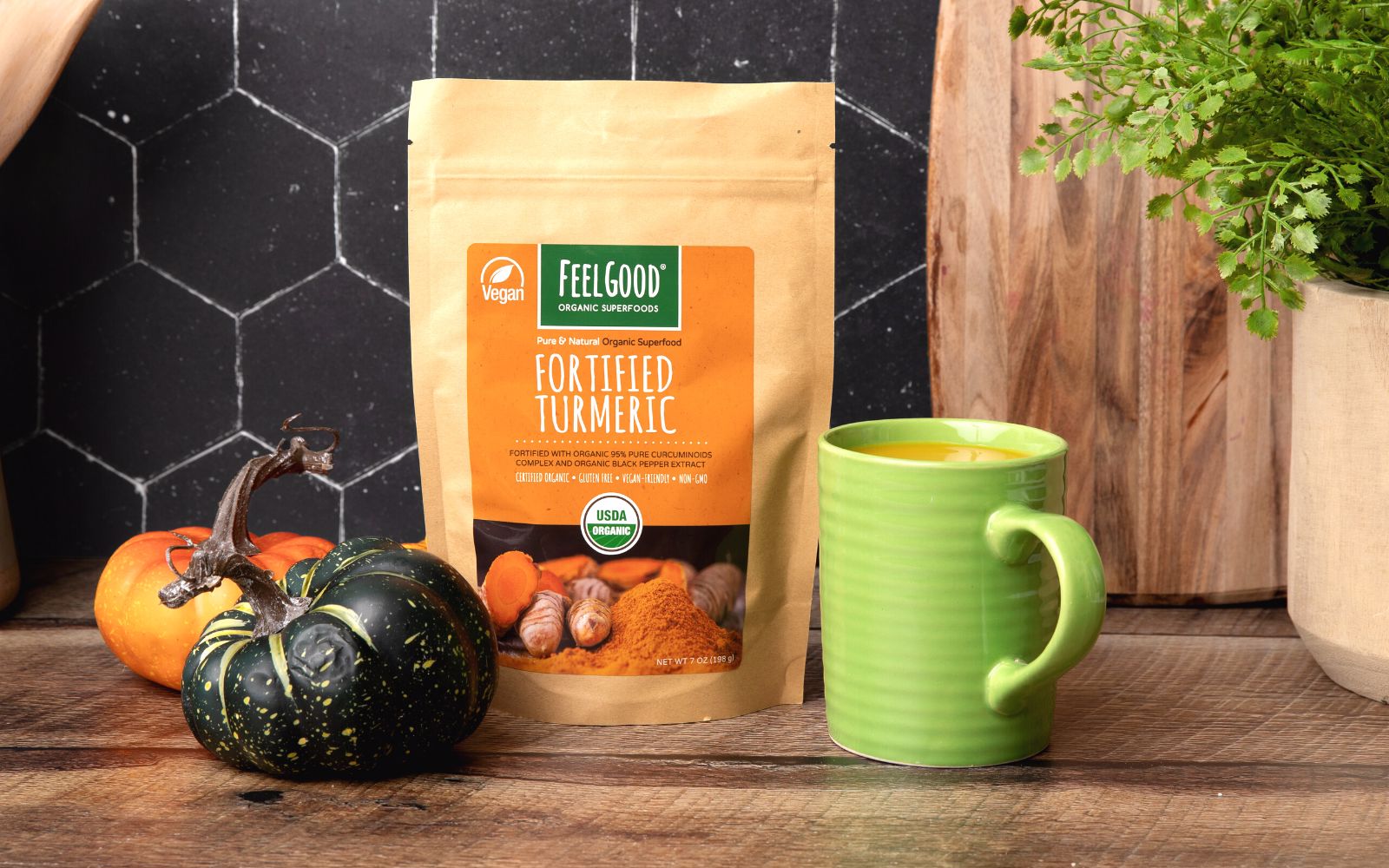 pumpkin tea latte with organic turmeric powder and coconut mct oil powder