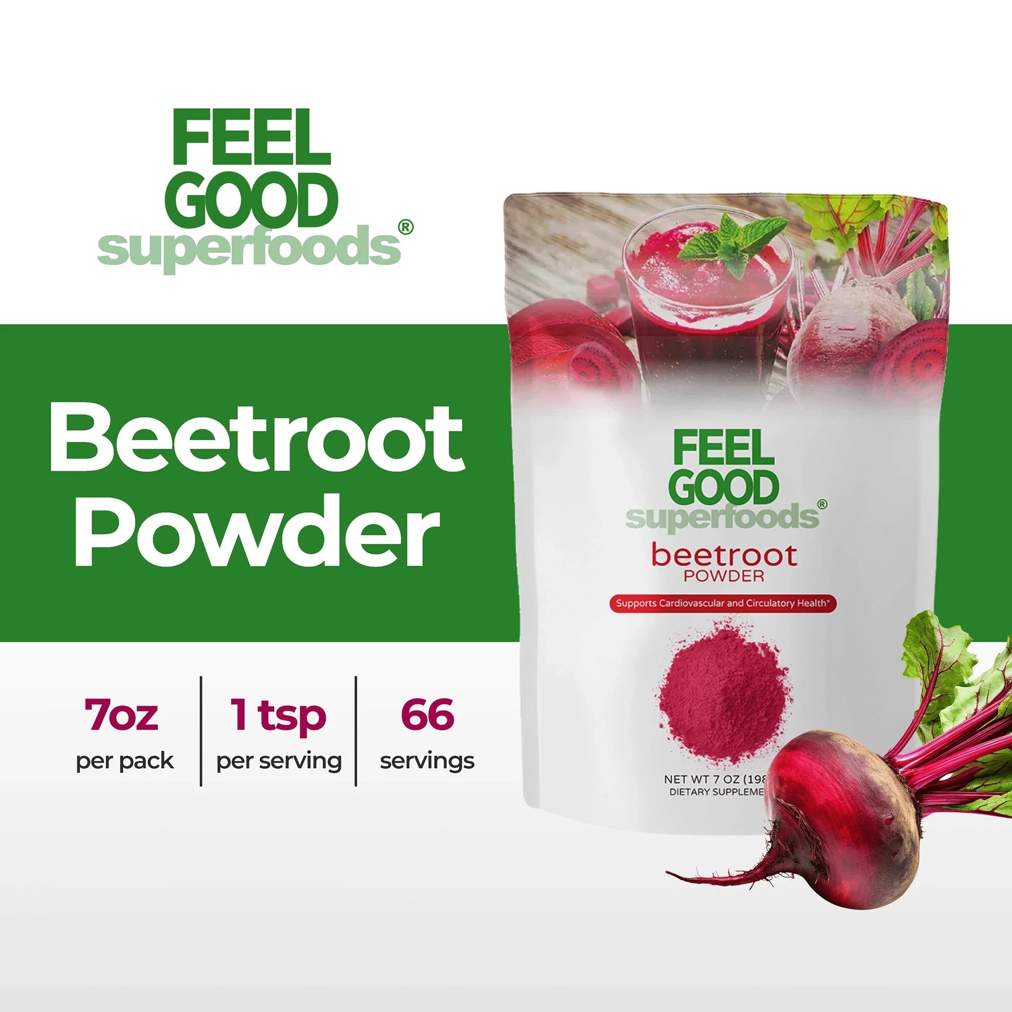 Beetroot Powder - Fortified (7 oz) Superfood Smoothie Boosters FeelGood Organic Superfoods