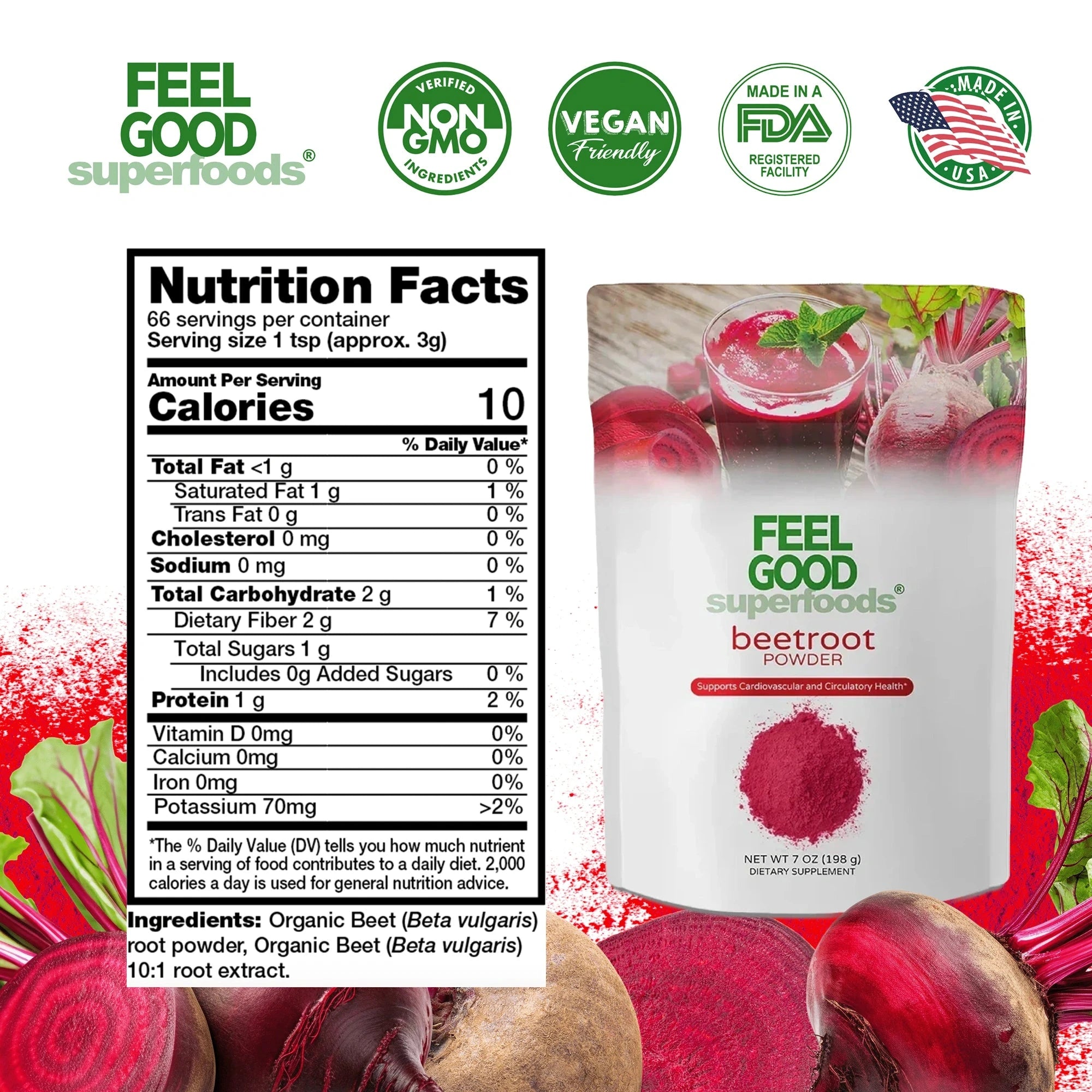 Beetroot Powder - Fortified (7 oz) Superfood Smoothie Boosters FeelGood Organic Superfoods