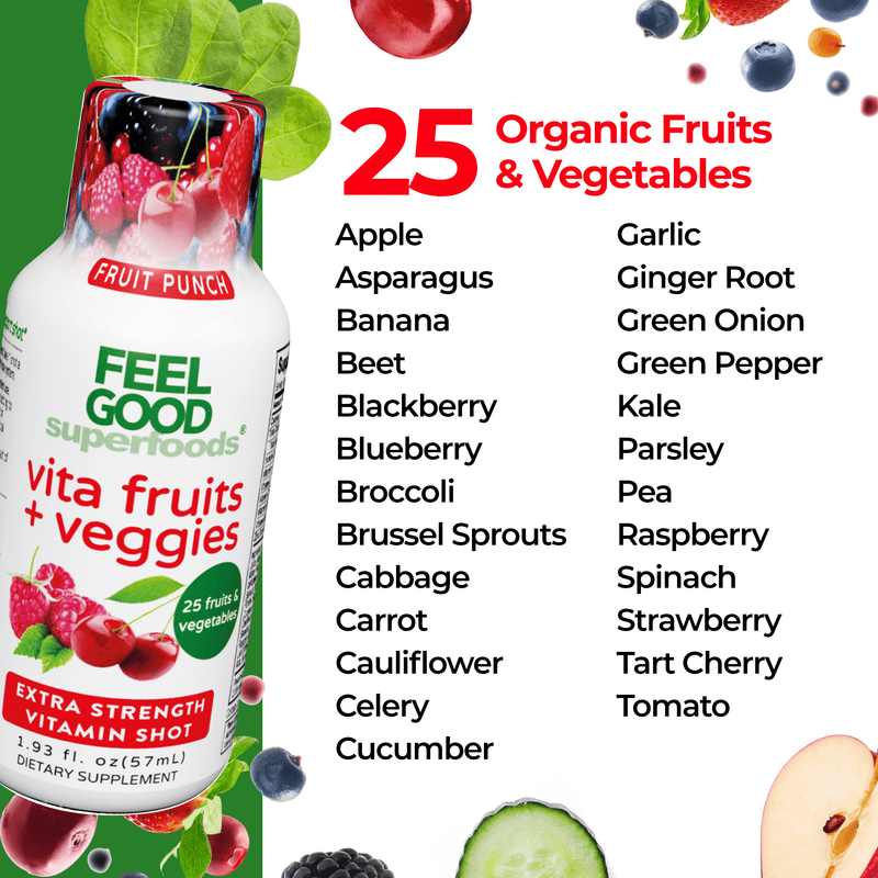 Vita Fruits + Veggies - Liquid Extra Strength Vitamin Shot - Fruit Punch Immune Support Shots FeelGood Superfoods