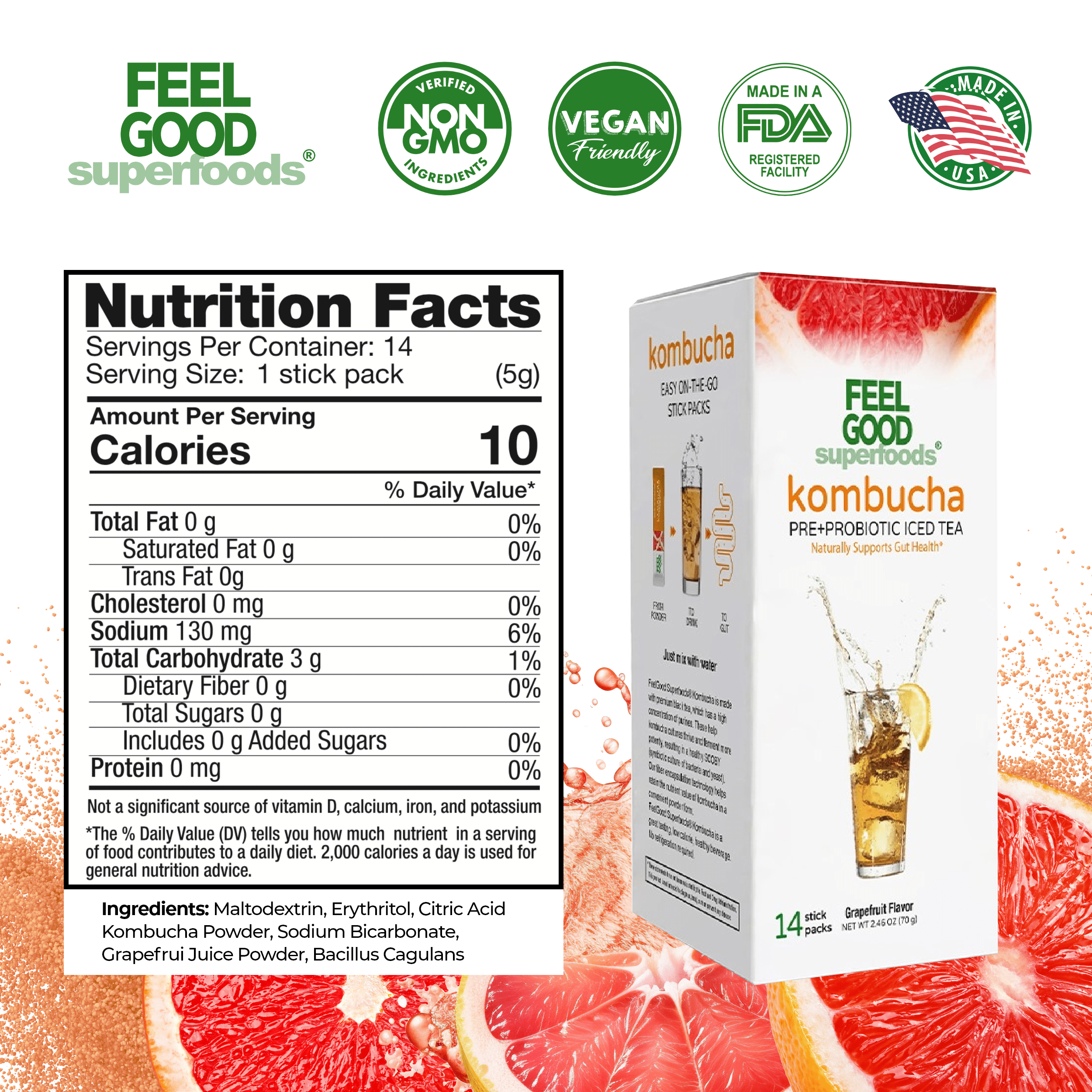 Kombucha Iced Tea (14 stick packs) Edible Flowers & Herbal Teas FeelGood Superfoods®