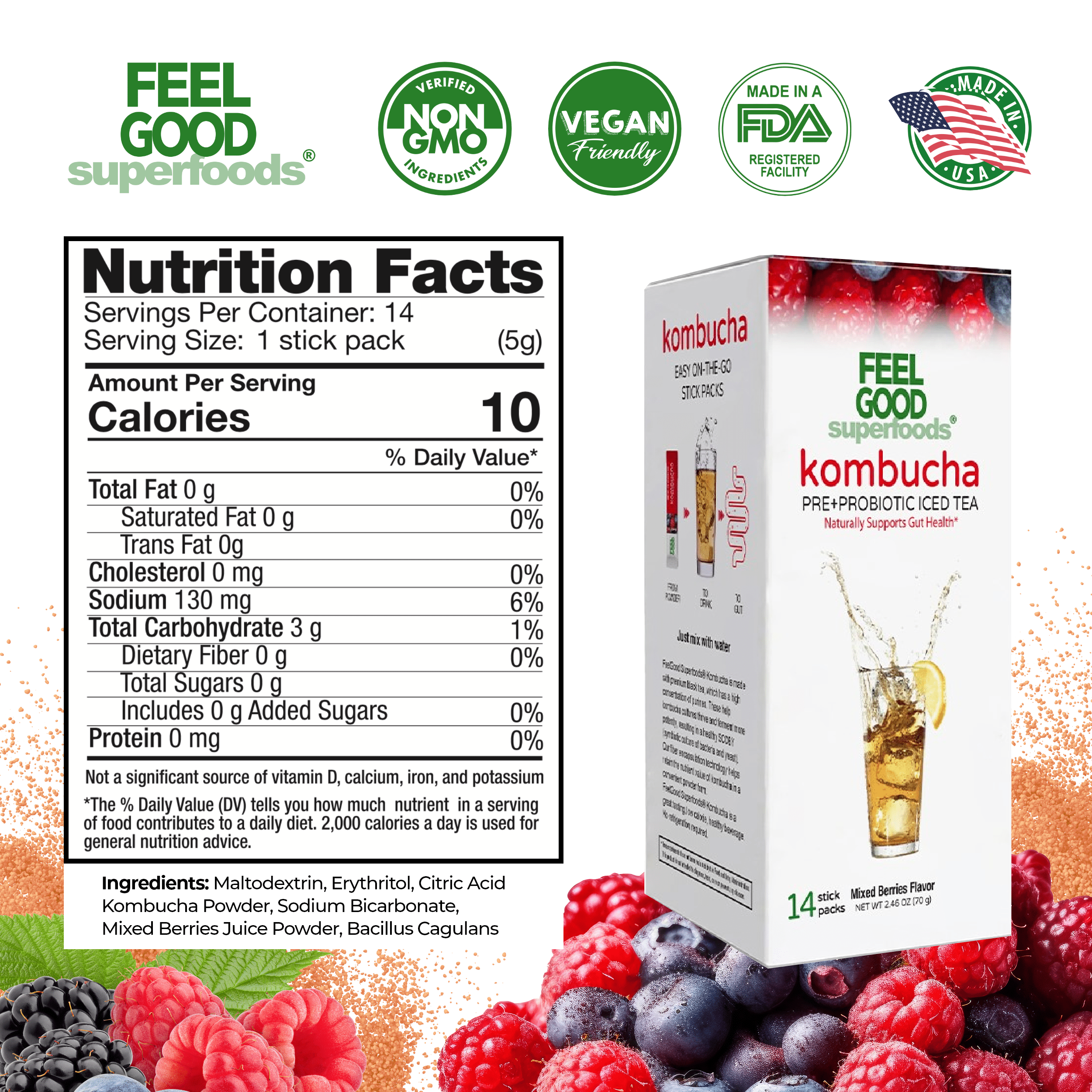 Kombucha Iced Tea (14 stick packs) Edible Flowers & Herbal Teas FeelGood Superfoods®