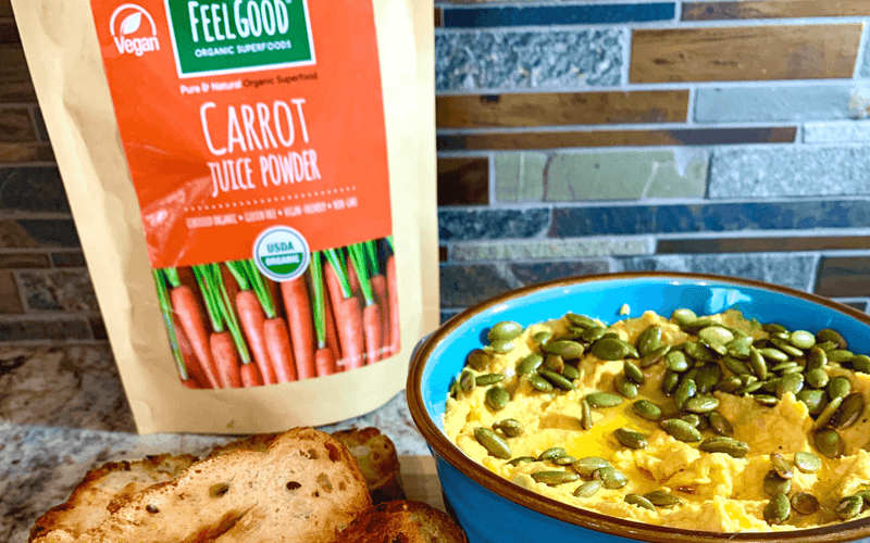 Roasted Cauliflower Hummus with FeelGood Superfoods Organic Carrot Juice Powder