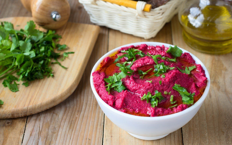 superfood beetroot hummus with cream cheese and prosciutto