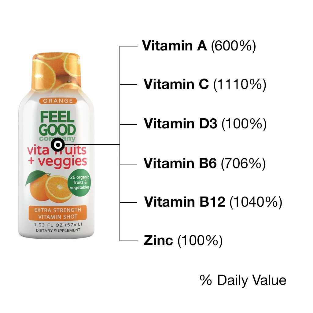 Vita Fruits + Veggies - Extra Strength Vitamin Shot - Orange Immune Support Shots FeelGood Superfoods