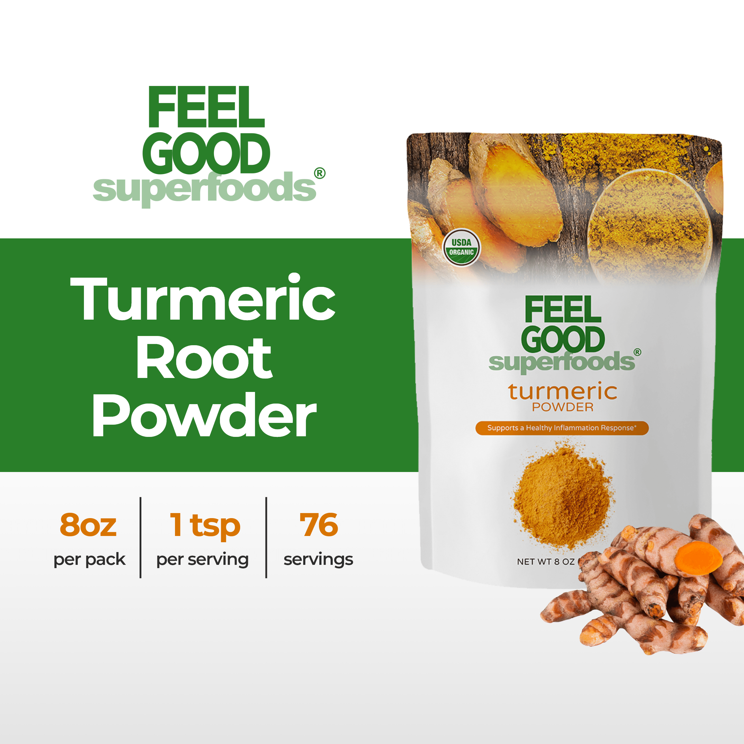 Turmeric Root Powder (8 oz) Superfood Smoothie Boosters Feel Good Organic Superfoods