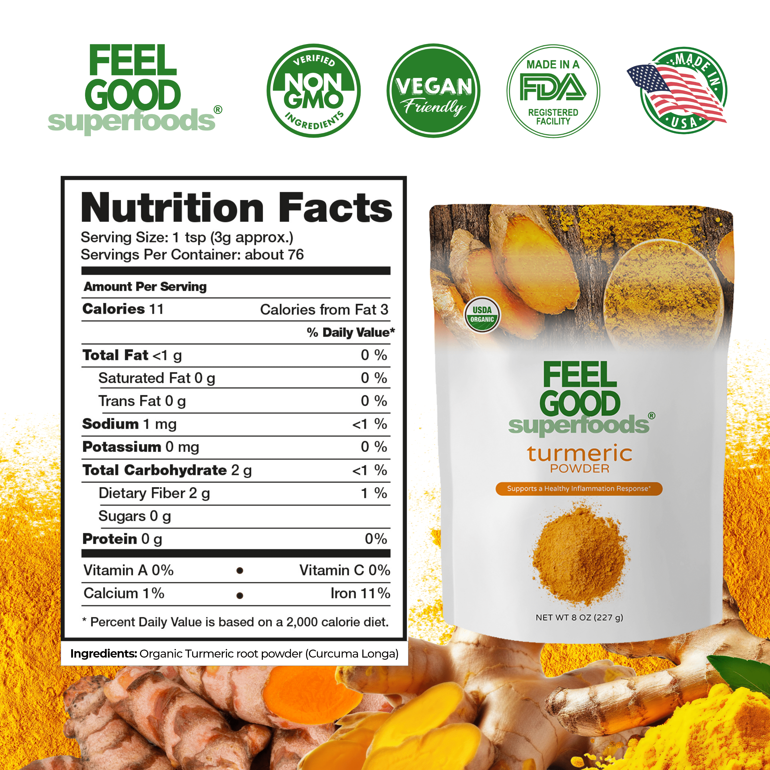 Turmeric Root Powder (8 oz) Superfood Smoothie Boosters Feel Good Organic Superfoods