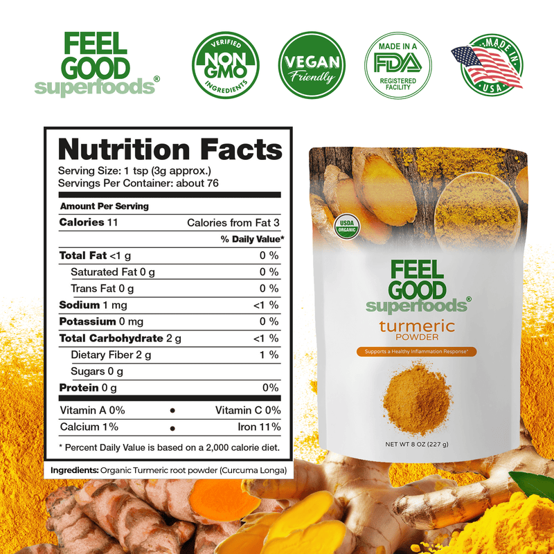 Turmeric Root Powder (8 oz) Superfood Smoothie Boosters Feel Good Organic Superfoods