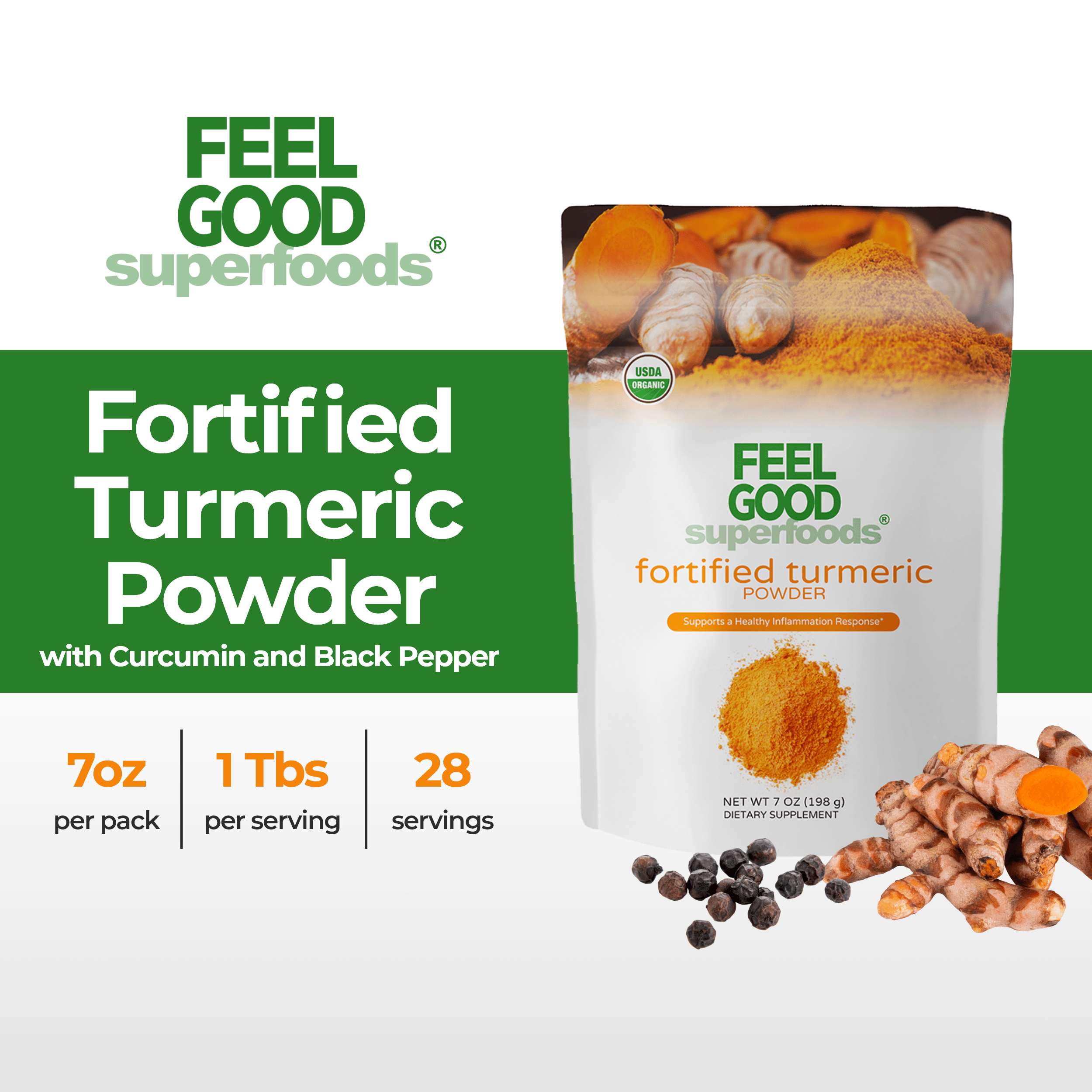 Turmeric Root Powder - Fortified (7 oz) Superfood Smoothie Boosters Feel Good Superfoods