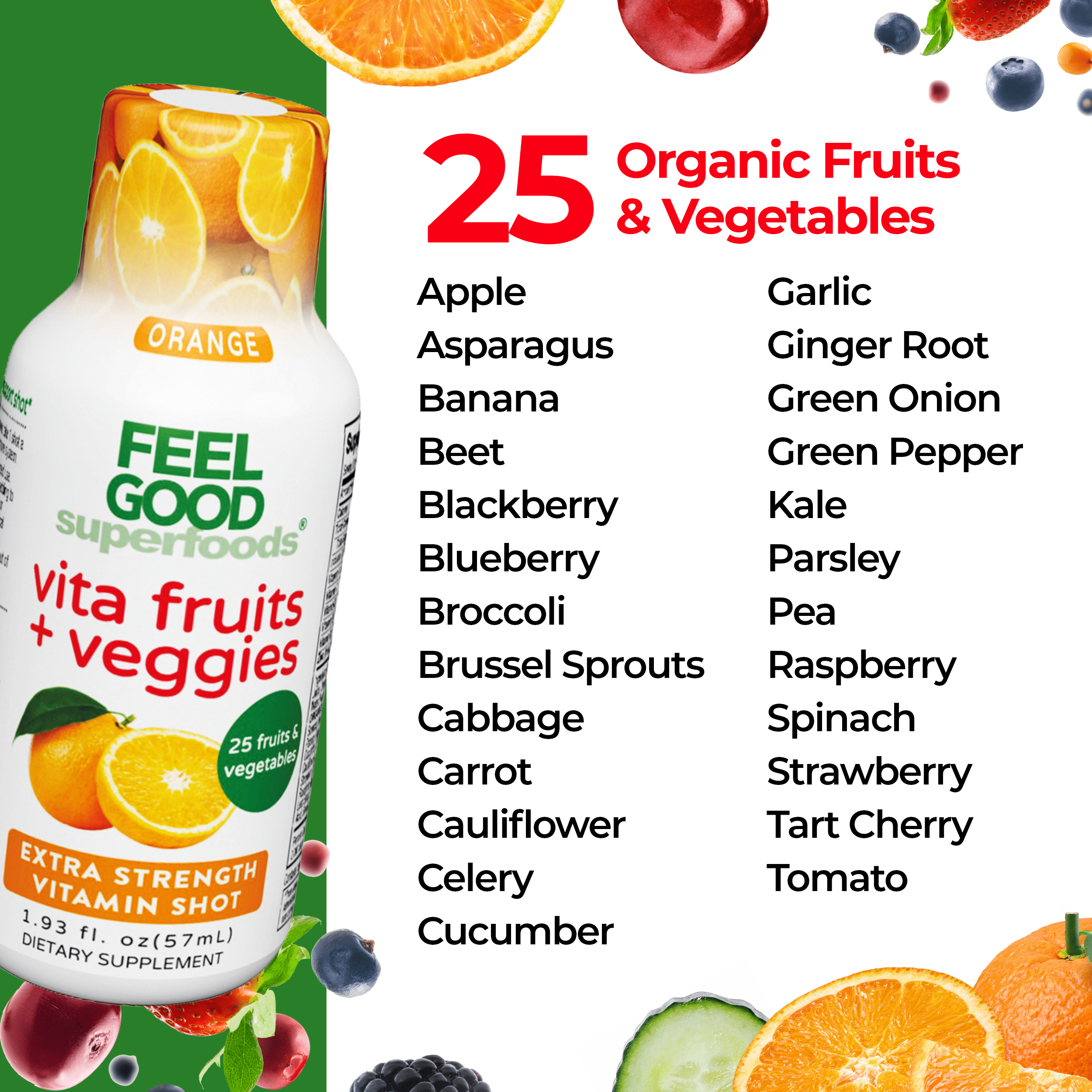 Vita Fruits + Veggies - Liquid Extra Strength Vitamin Shot - Orange Immune Support Shots FeelGood Superfoods
