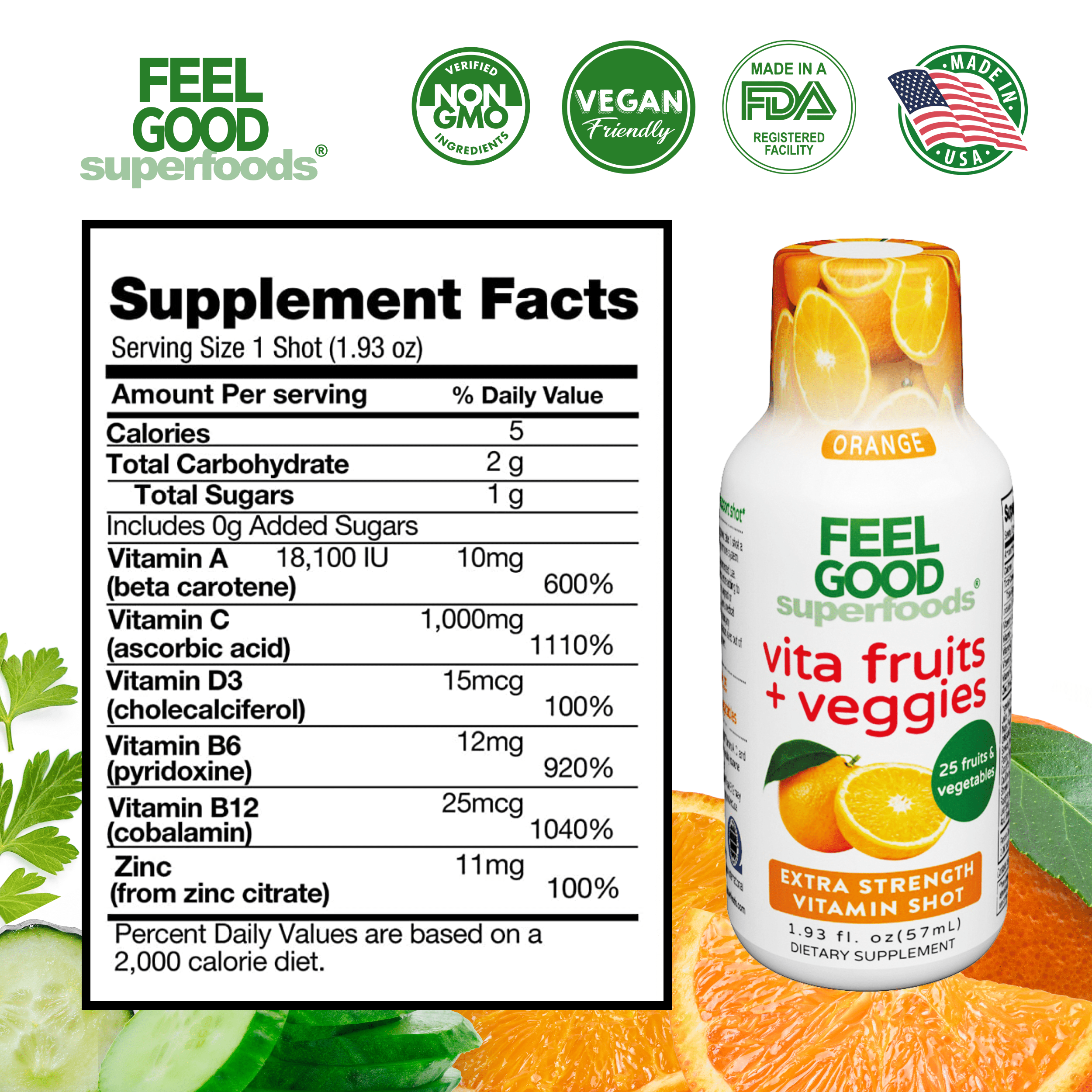 Vita Fruits + Veggies - Liquid Extra Strength Vitamin Shot - Orange Immune Support Shots FeelGood Superfoods