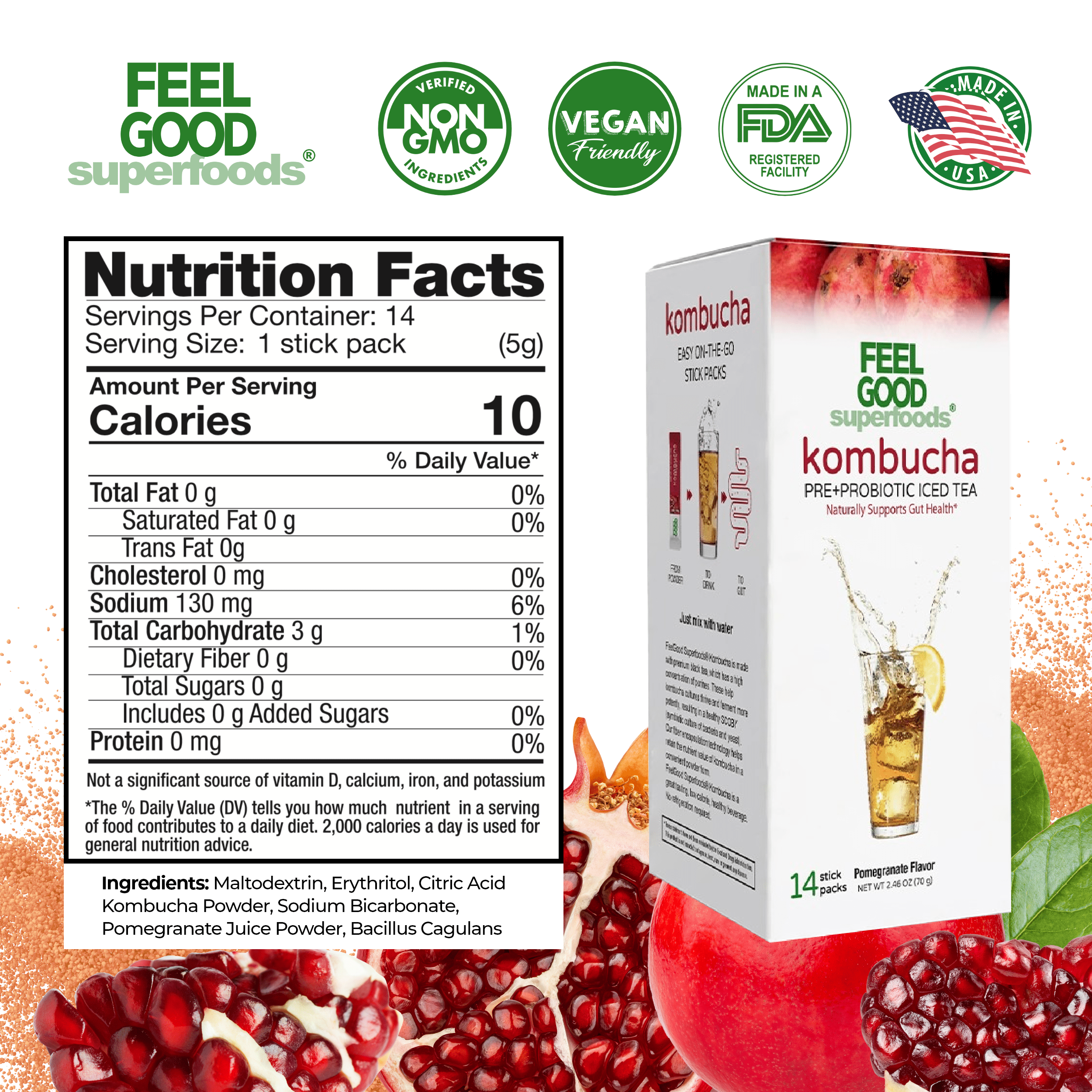 Kombucha Iced Tea (14 stick packs) Edible Flowers & Herbal Teas FeelGood Superfoods®