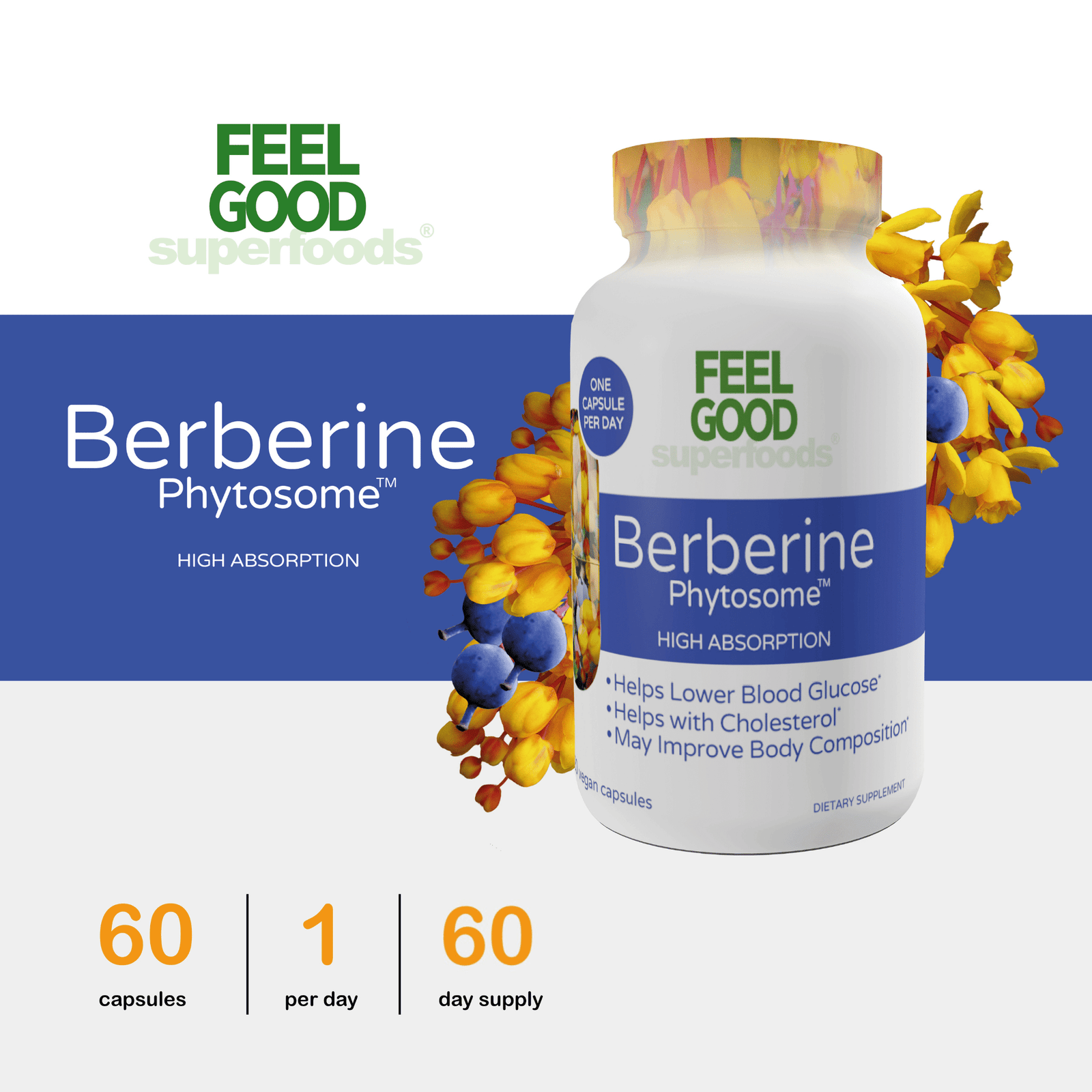 Feel Good Superfoods Berberine Phytosome High Absorption 120 Vegan Capsules FeelGood Superfoods® Berberine Phytosome Capsules