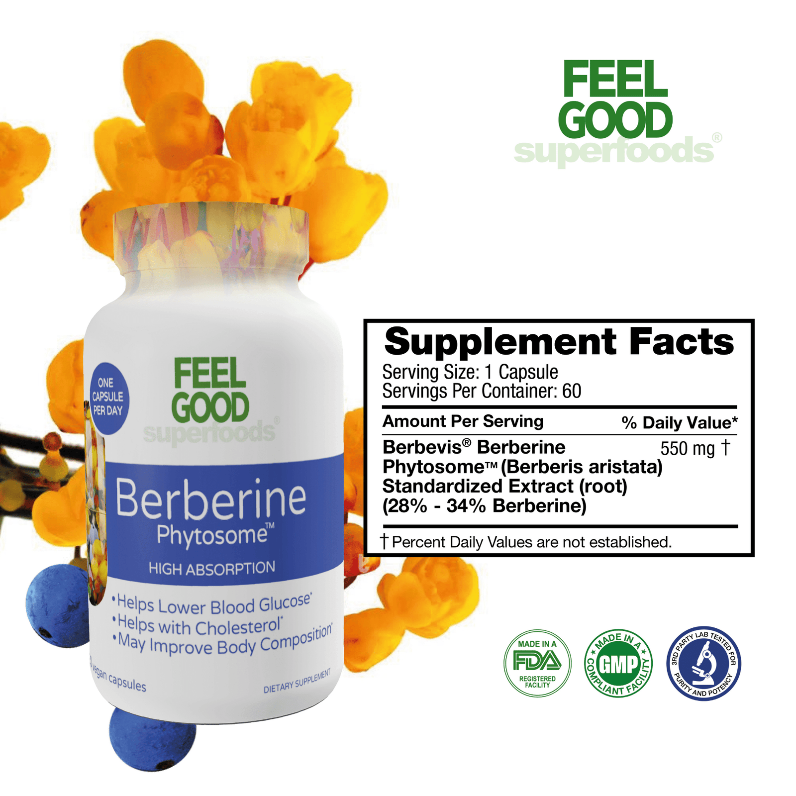 Feel Good Superfoods Berberine Phytosome High Absorption 120 Vegan Capsules FeelGood Superfoods® Berberine Phytosome Capsules